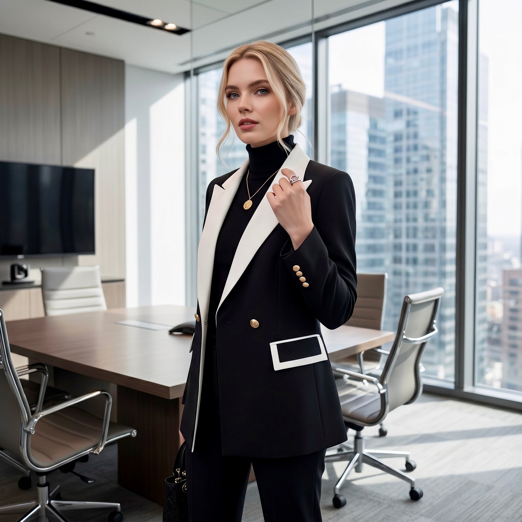 Woman in a professional setting with cityscape view
