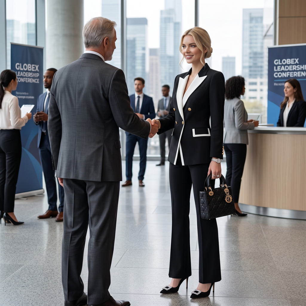 Business professionals shaking hands in a conference center with 'Globex Leadership Conference' branding.