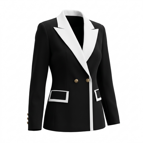 Black blazer with white lapels on a white background
