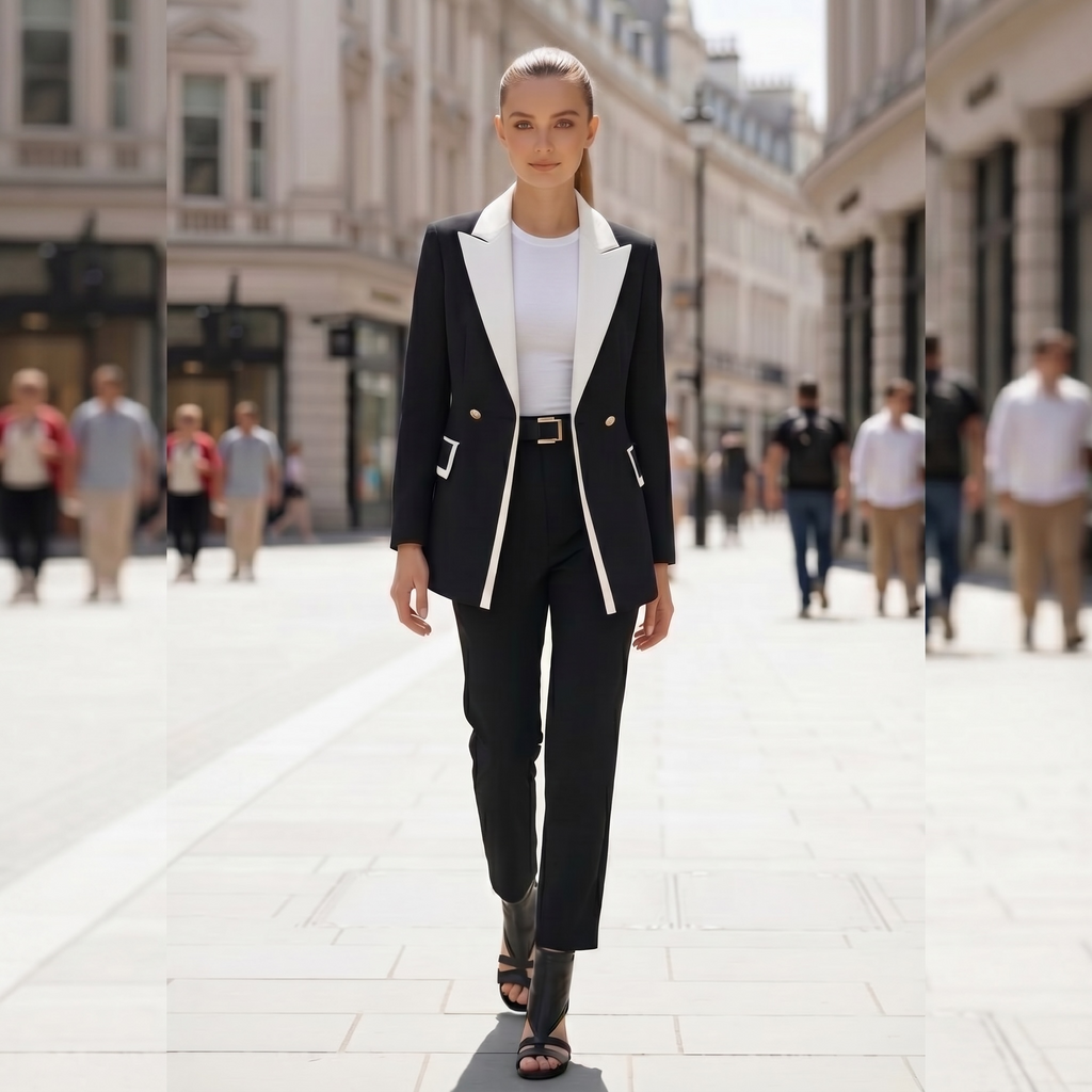 Woman in a black and white suit walking on a city street.