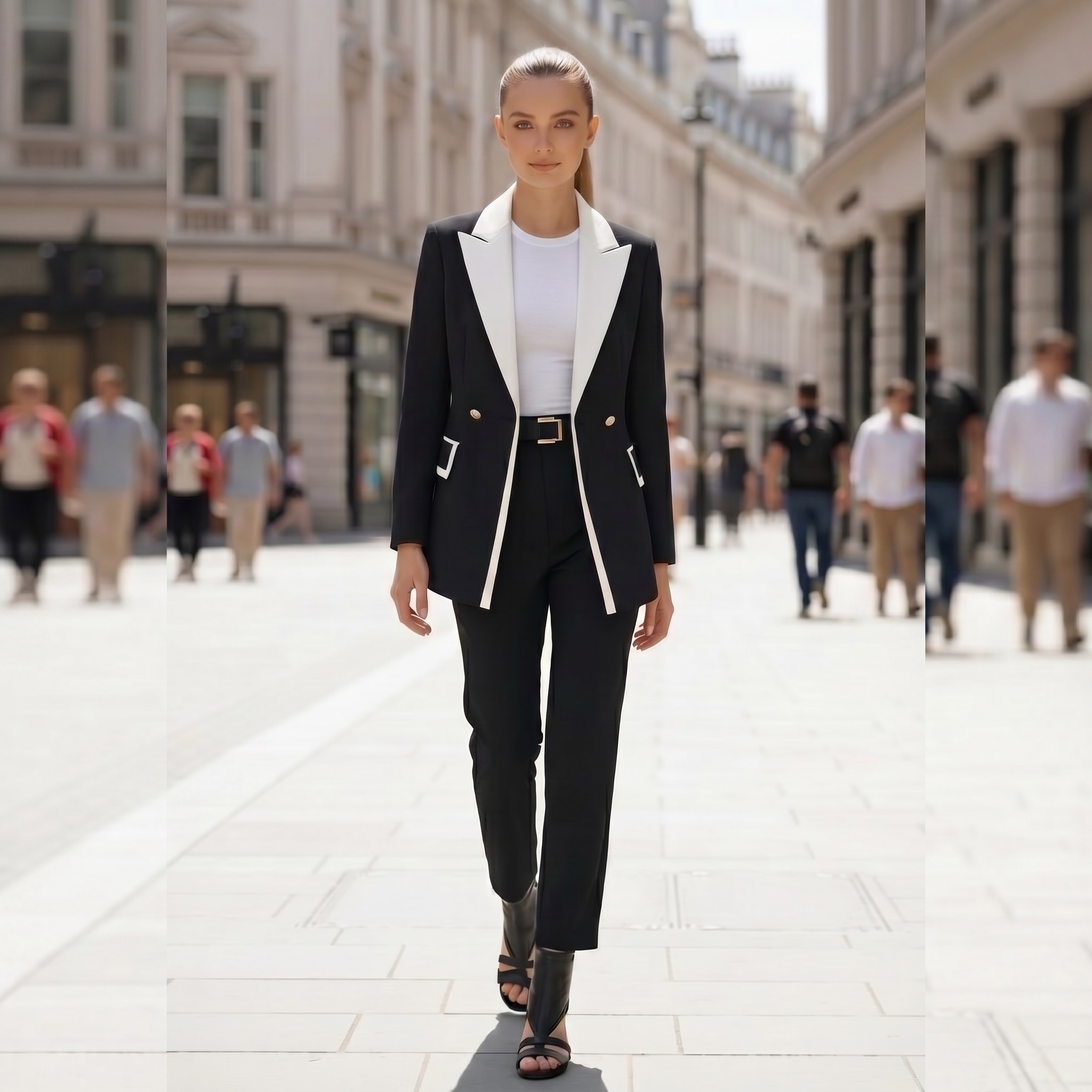 Woman in a black and white suit walking on a city street.