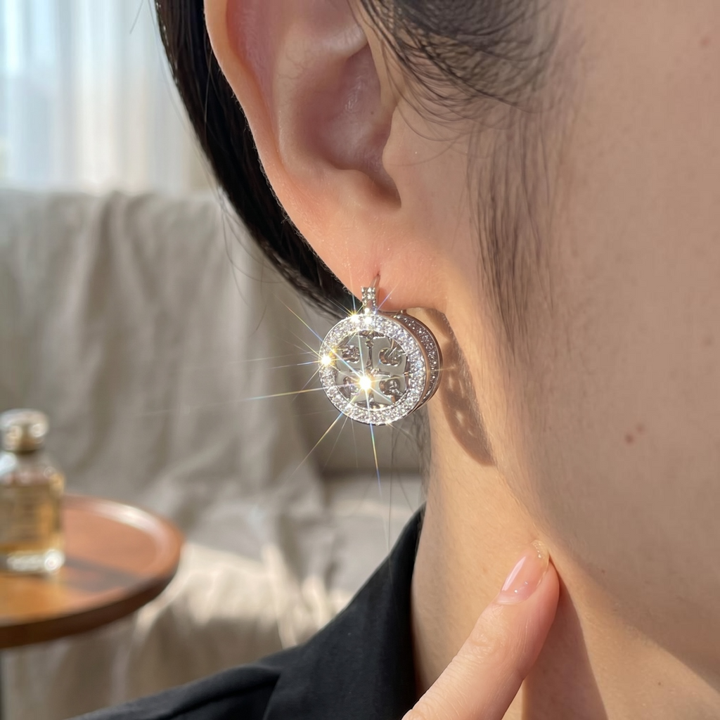 Silver Crystal Pavé Coin Hoop Earrings