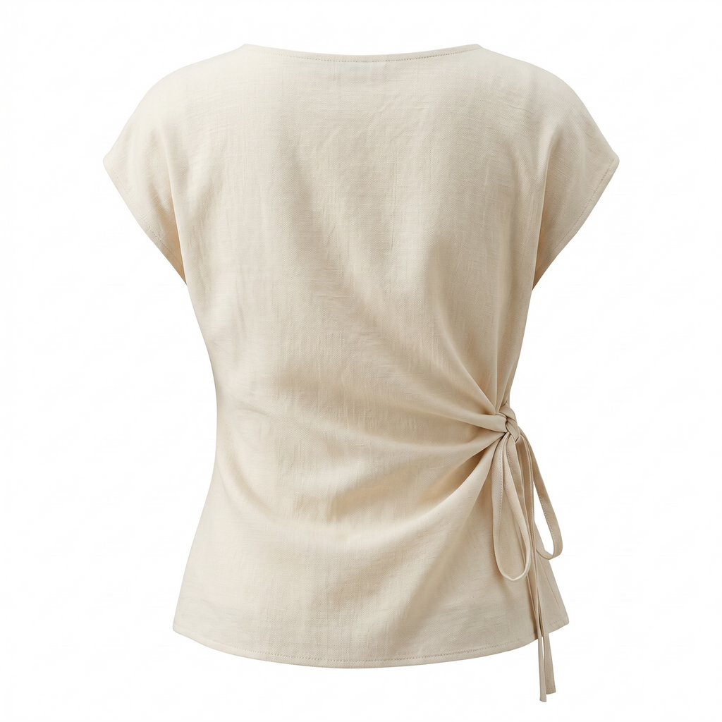 Cream Waist-Tie Short Sleeve Top - product shot