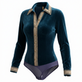 A women's long-sleeve velvet one-piece swimsuit in deep teal, featuring a gold patterned collar, placket, and cuffs, paired with a purple mesh leg strap.