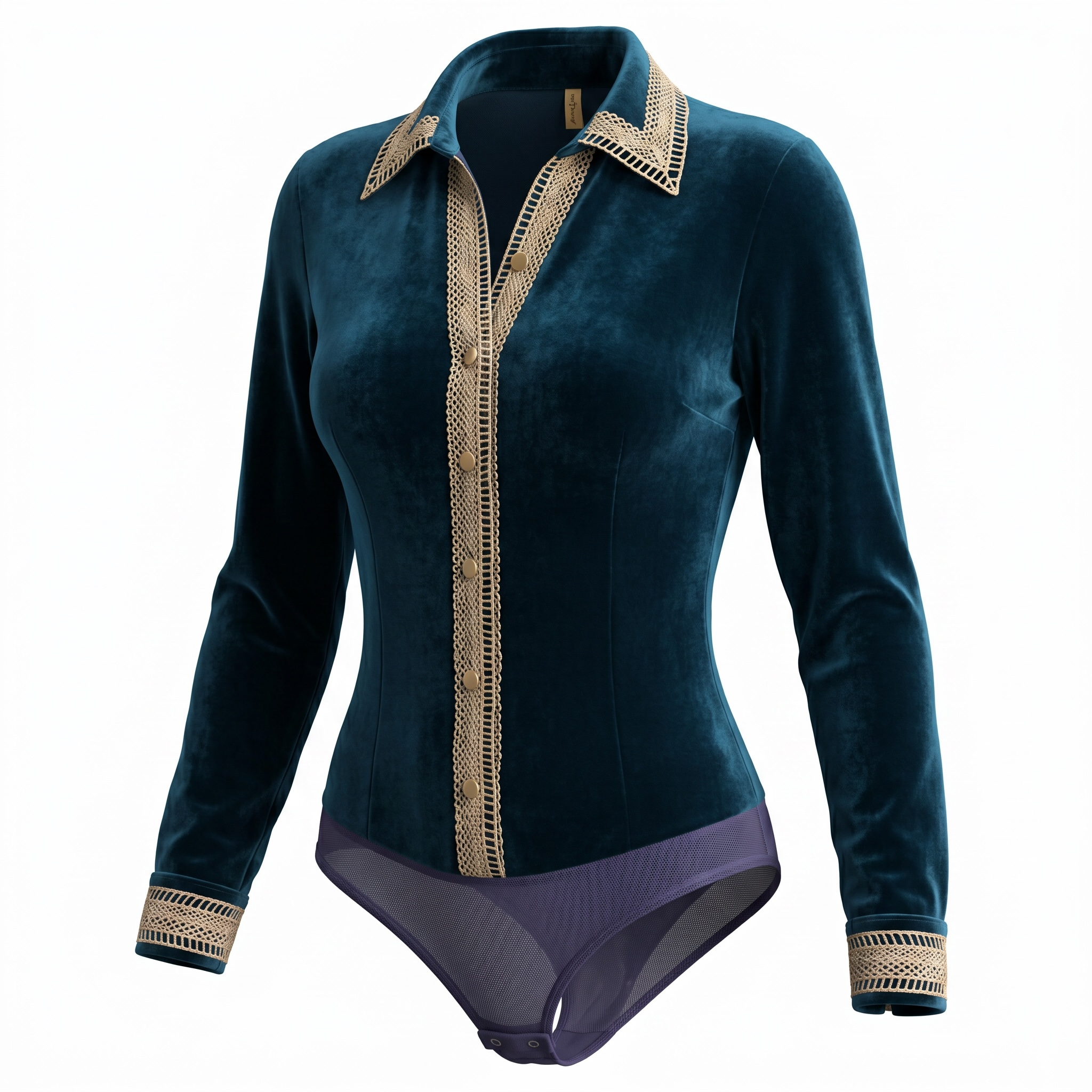 A women's long-sleeve velvet one-piece swimsuit in deep teal, featuring a gold patterned collar, placket, and cuffs, paired with a purple mesh leg strap.