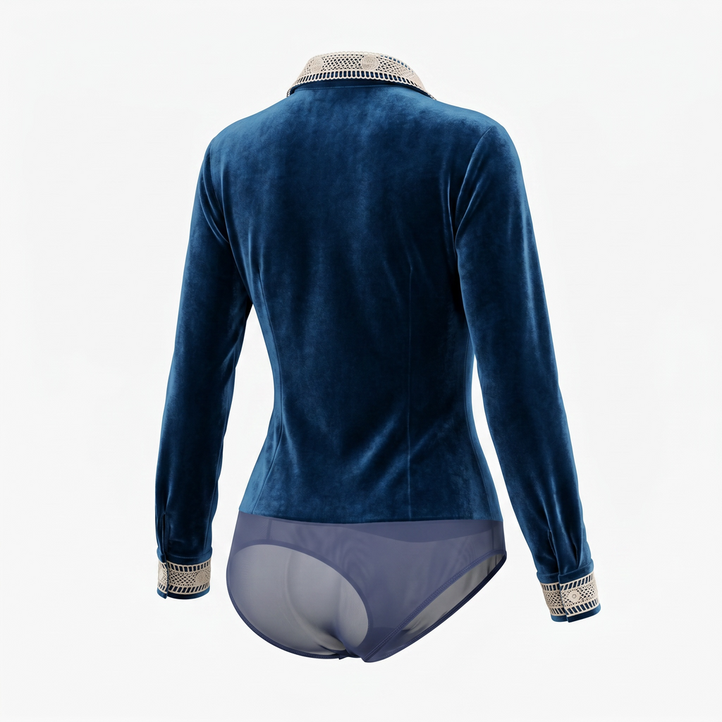 Navy Gold Lace-Trim Velvet Bodysuit