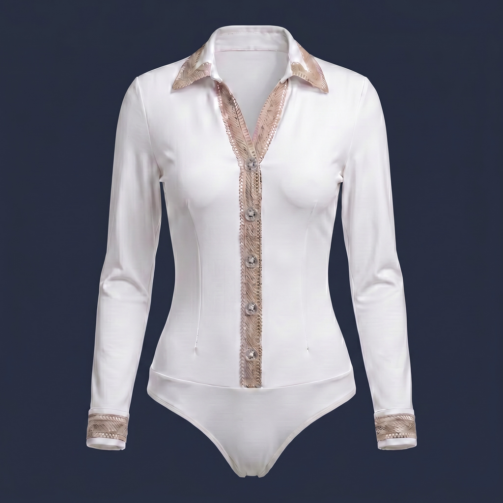 Navy Gold Lace-Trim Velvet Bodysuit