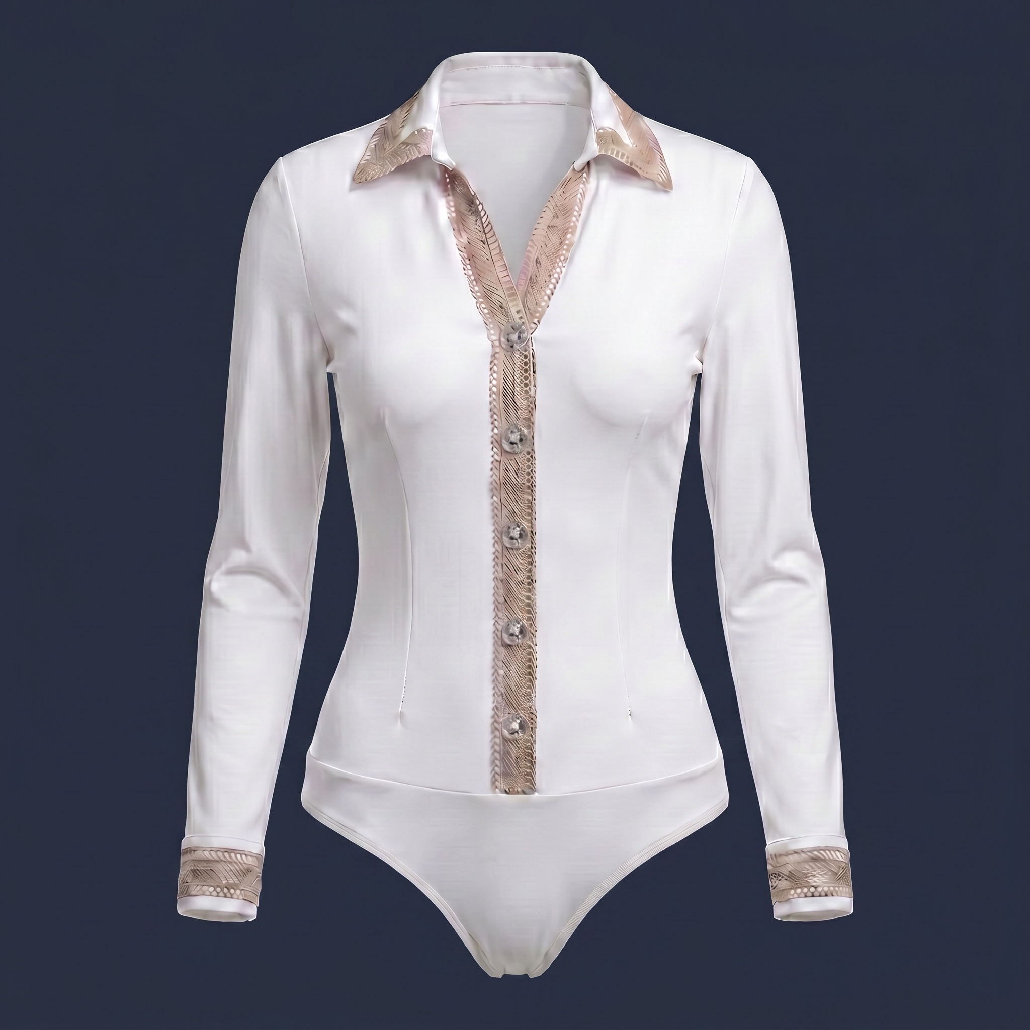 Navy Gold Lace-Trim Velvet Bodysuit