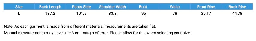 Measurement chart for a garment with various dimensions listed.