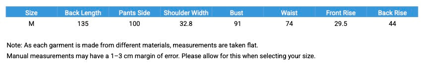 Measurement chart for clothing with size details including back length, parts side, shoulder width, bust, waist, front rise, and back rise.