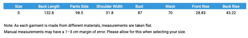 Measurement chart for a garment with dimensions including back length, pants side, shoulder width, bust, waist, front rise, and back line.