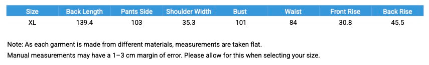 Measurement chart for clothing with size details including back length, pants side, shoulder width, bust, waist, front rise, and back rise.