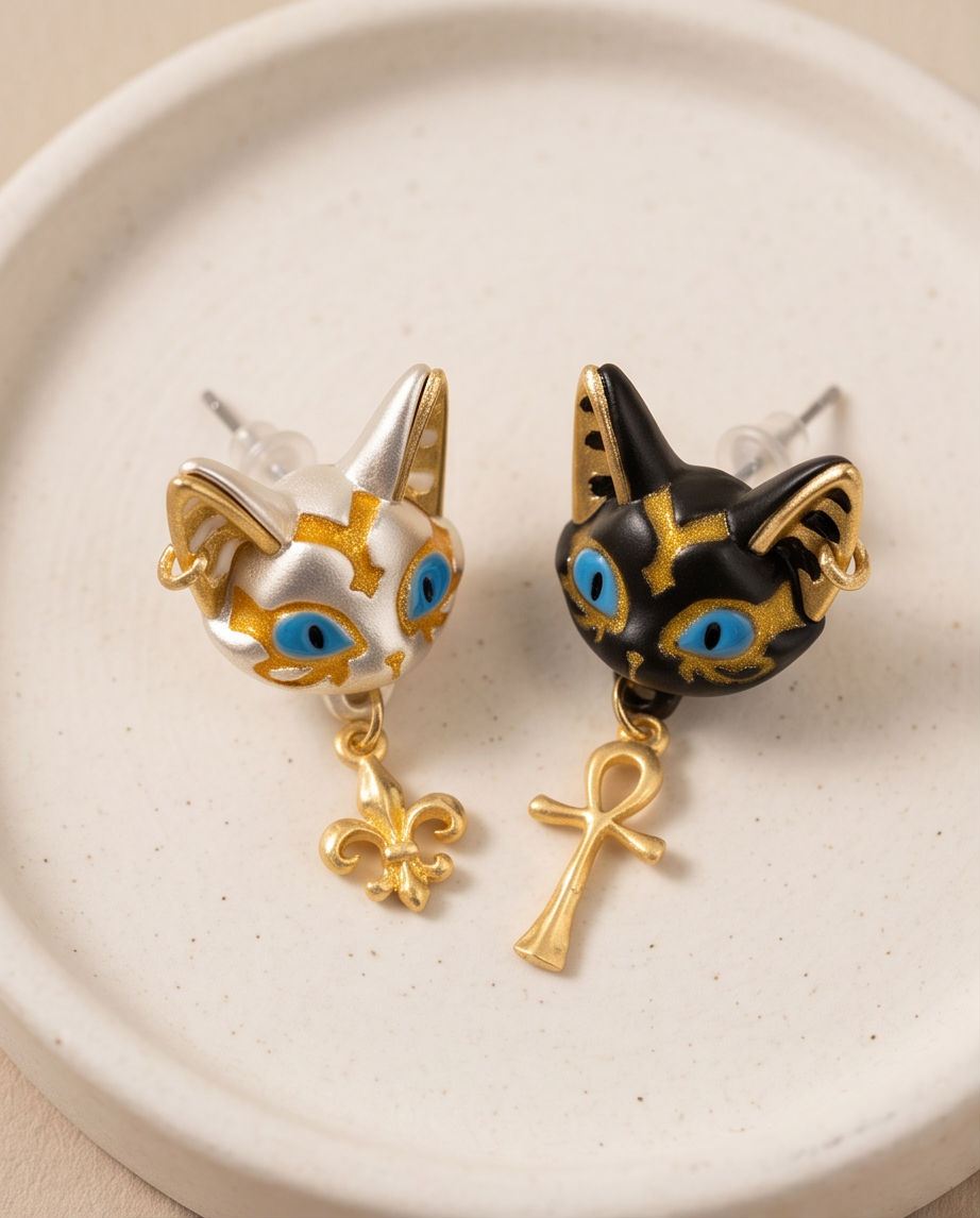 Egyptian Cat Goddess Mismatched Drop Earrings - velvet jewellery box presentation