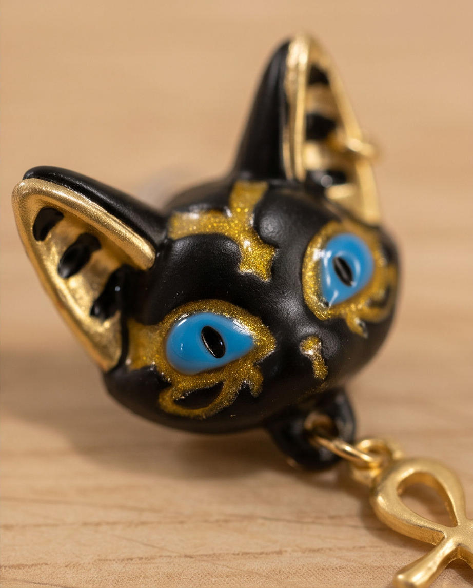 Egyptian Cat Goddess Mismatched Drop Earrings - model wearing white cat Fleur-de-Lis earring
