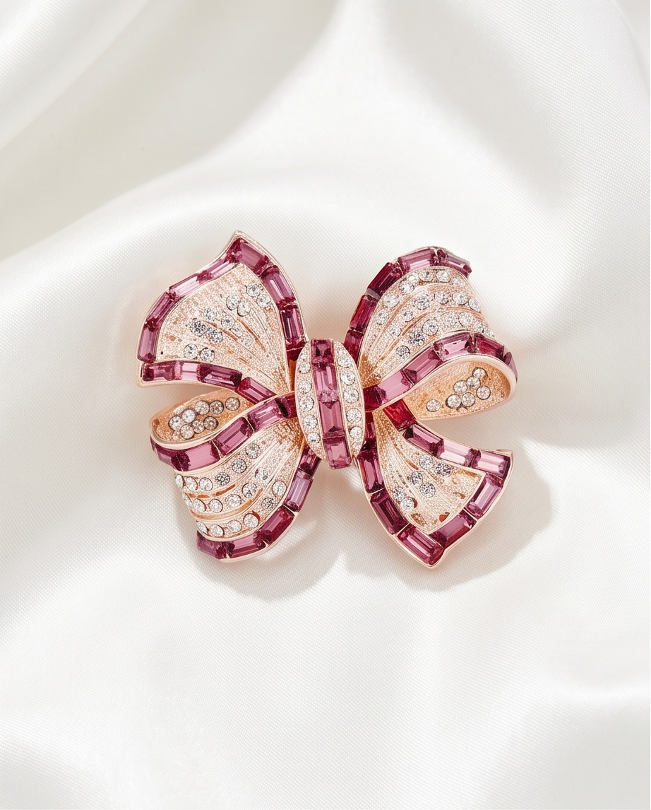Rose Gold & Ruby Crystal Bow Brooch close-up crystal detail
