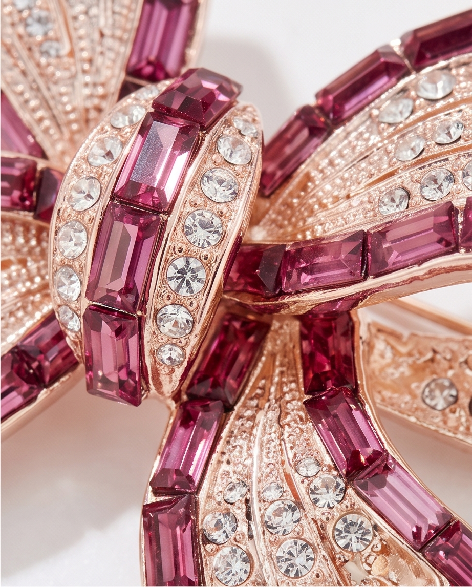 Rose Gold & Ruby Crystal Bow Brooch in cream velvet jewellery box