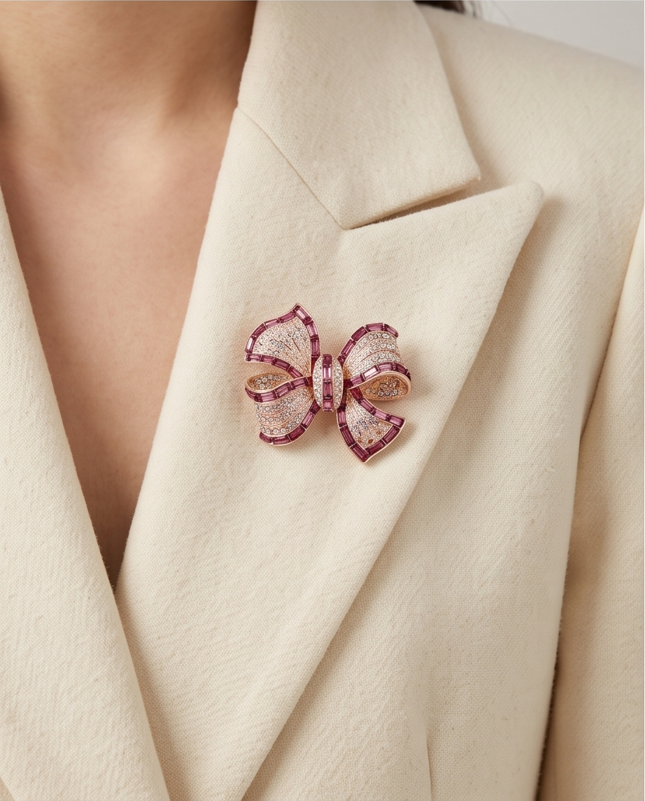 Rose Gold & Ruby Crystal Bow Brooch worn on cream blazer lapel