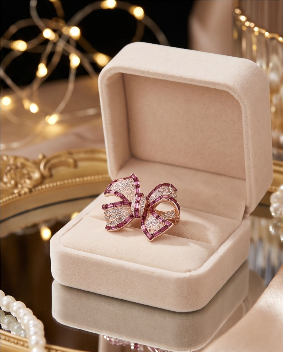 Rose Gold & Ruby Crystal Bow Brooch on white satin fabric