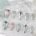 Silver Chrome Sage press-on nails in white box with pearl tray display