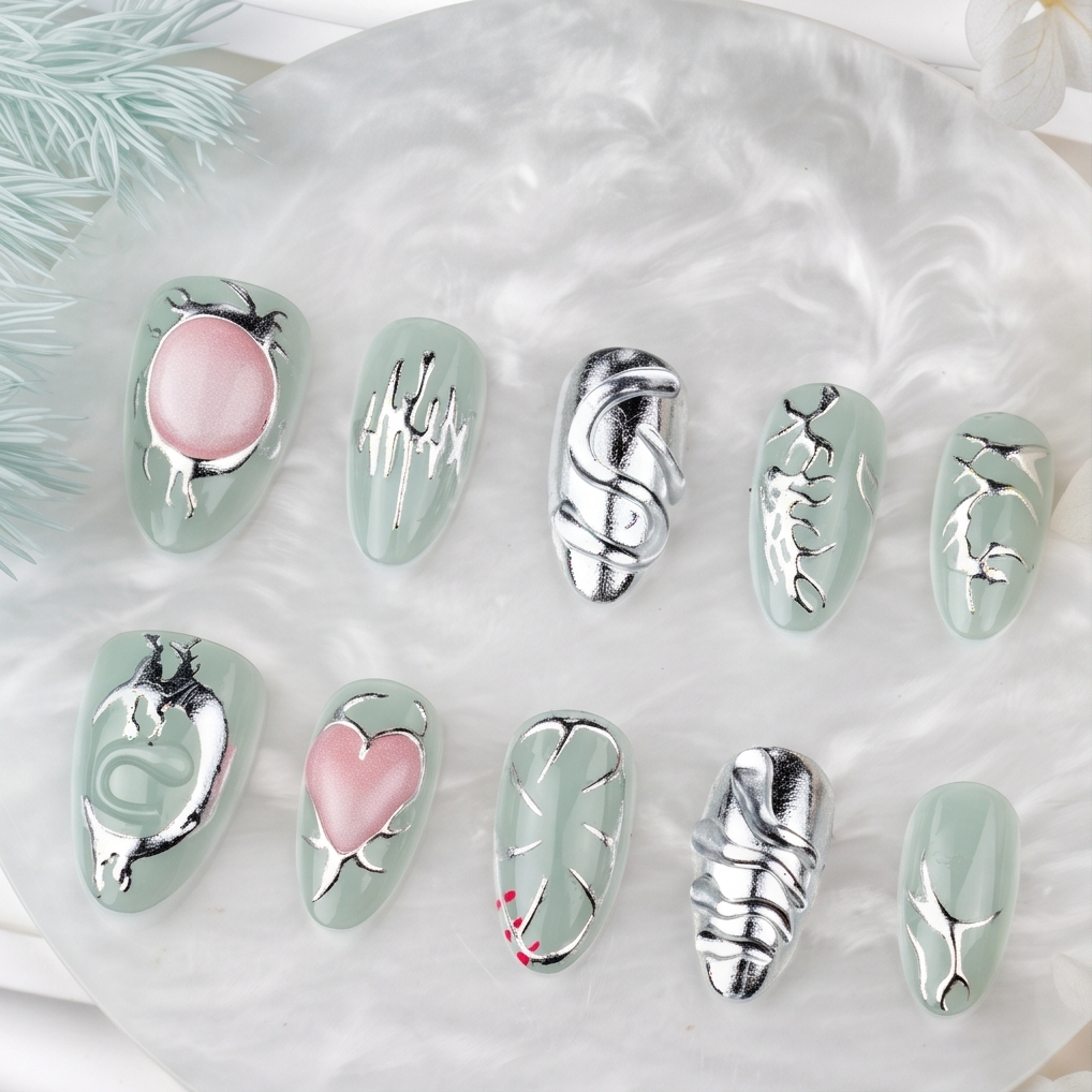 Silver Chrome Sage press-on nails in white box with pearl tray display