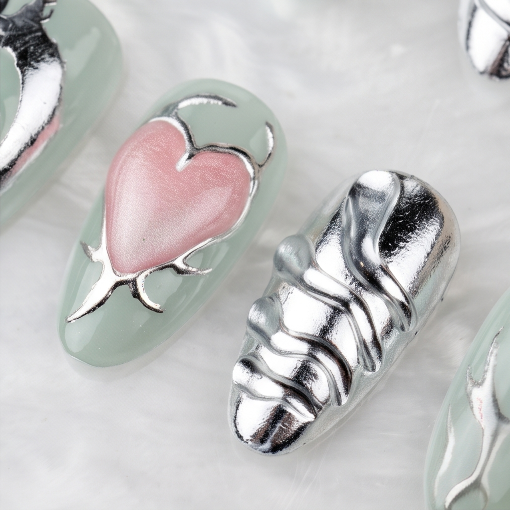 Silver Chrome Sage press-on nails worn on model hand holding perfume bottle