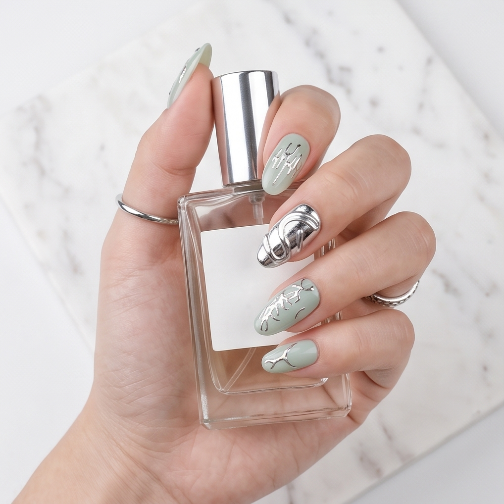 Silver Chrome Sage press-on nails close-up macro showing pink heart and chrome wave detail