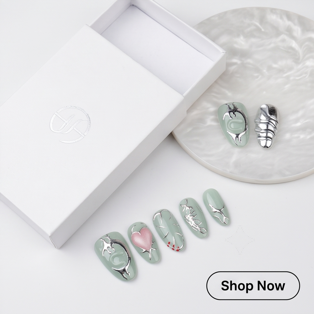 Silver Chrome Sage press-on nails full set flat lay on white fabric