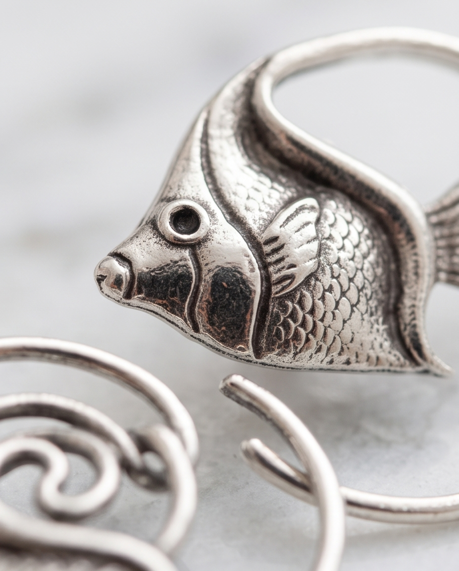 Model wearing silver angelfish spiral hoop earring at the beach with ocean in background