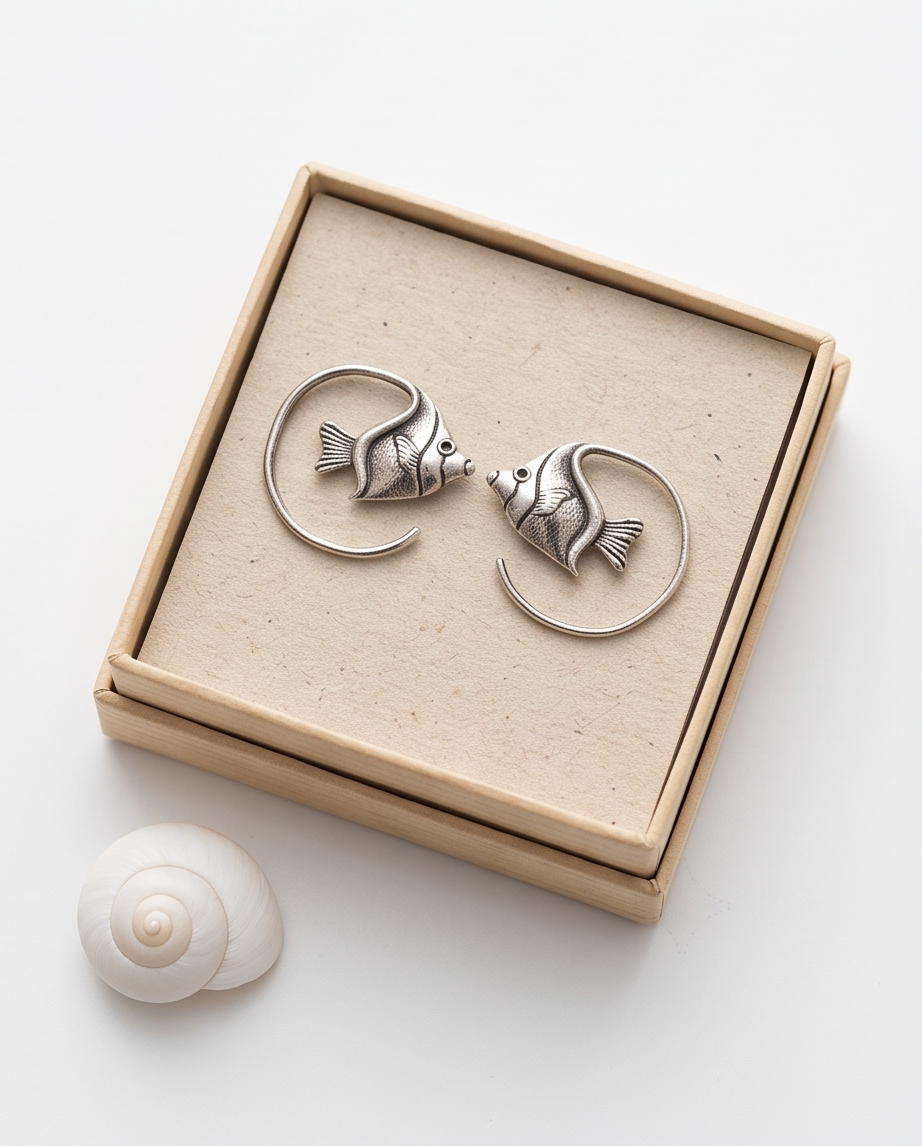 Pair of silver angelfish spiral hoop earrings on white marble surface