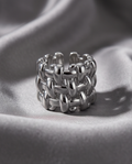 Silver Woven Basket Weave Wide Band Ring in black velvet gift box on marble surface