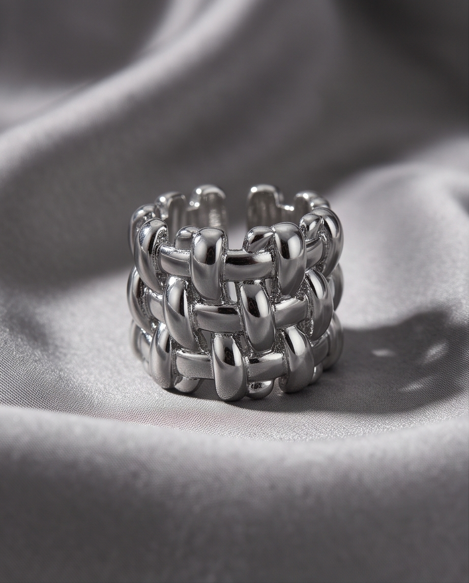 Silver Woven Basket Weave Wide Band Ring in black velvet gift box on marble surface