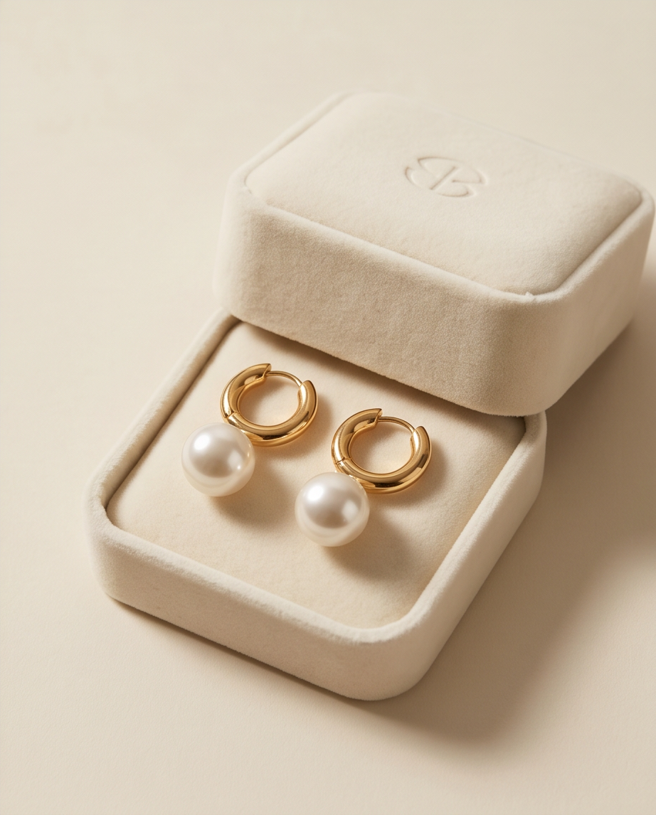 Gold pearl drop huggie hoop earrings on marble surface in warm light
