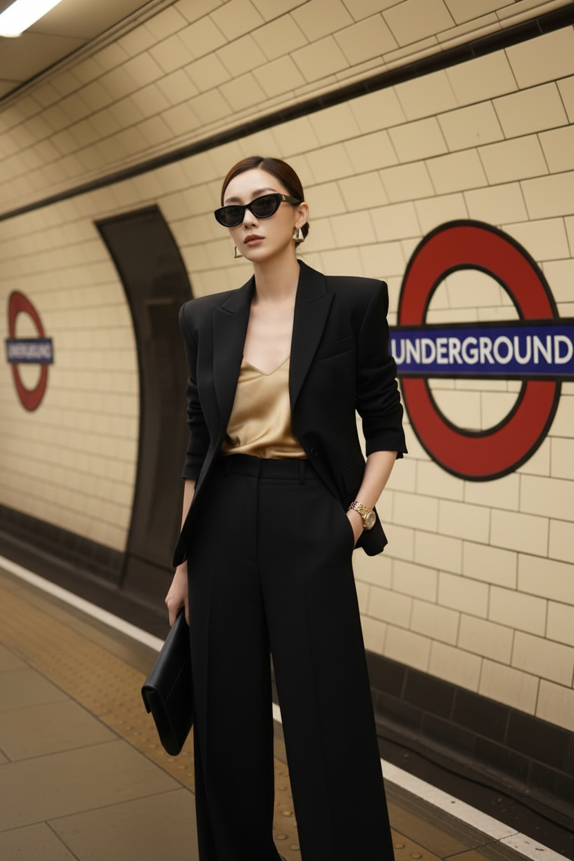 Black Co-Ord Set with Gold Satin Inner - London Underground