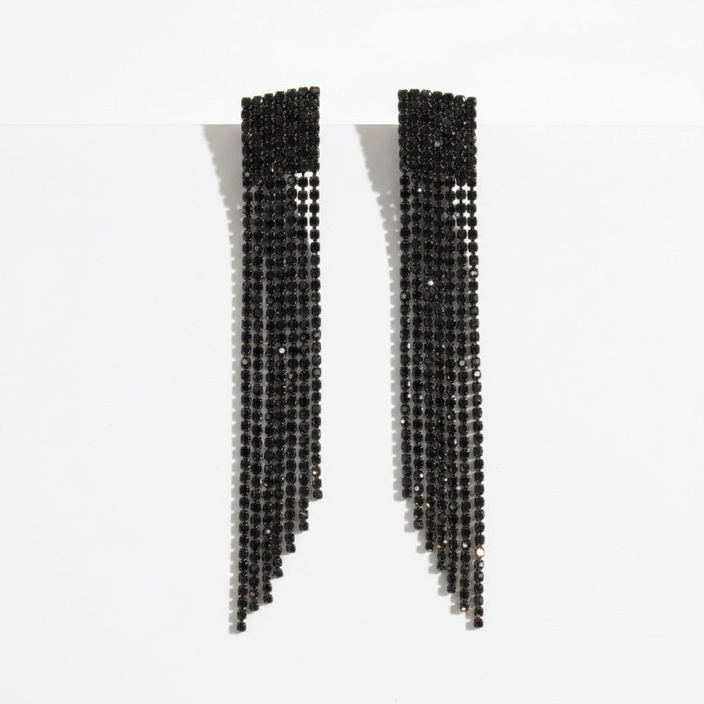 Black Crystal Cascade Fringe Drop Earrings