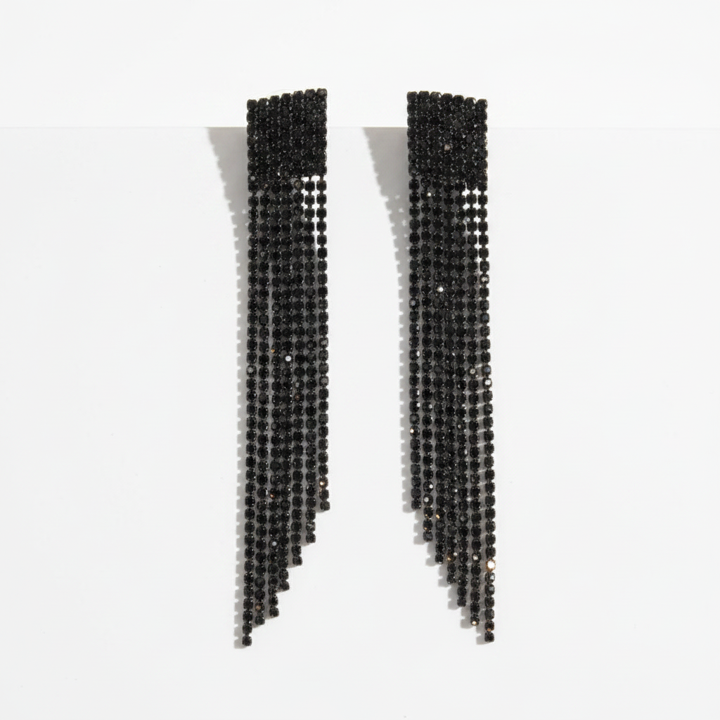 Jet Black Crystal Fringe Drop Earrings