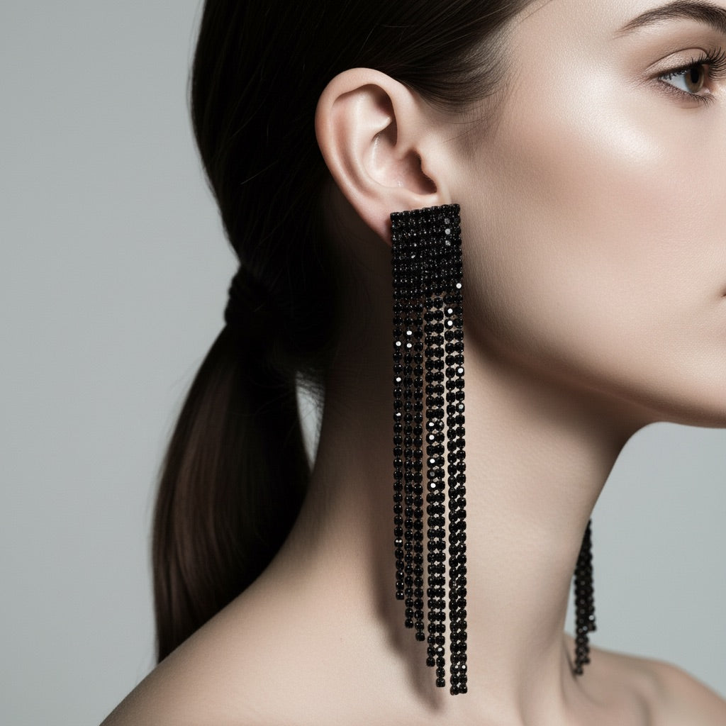 Black Crystal Cascade Fringe Drop Earrings