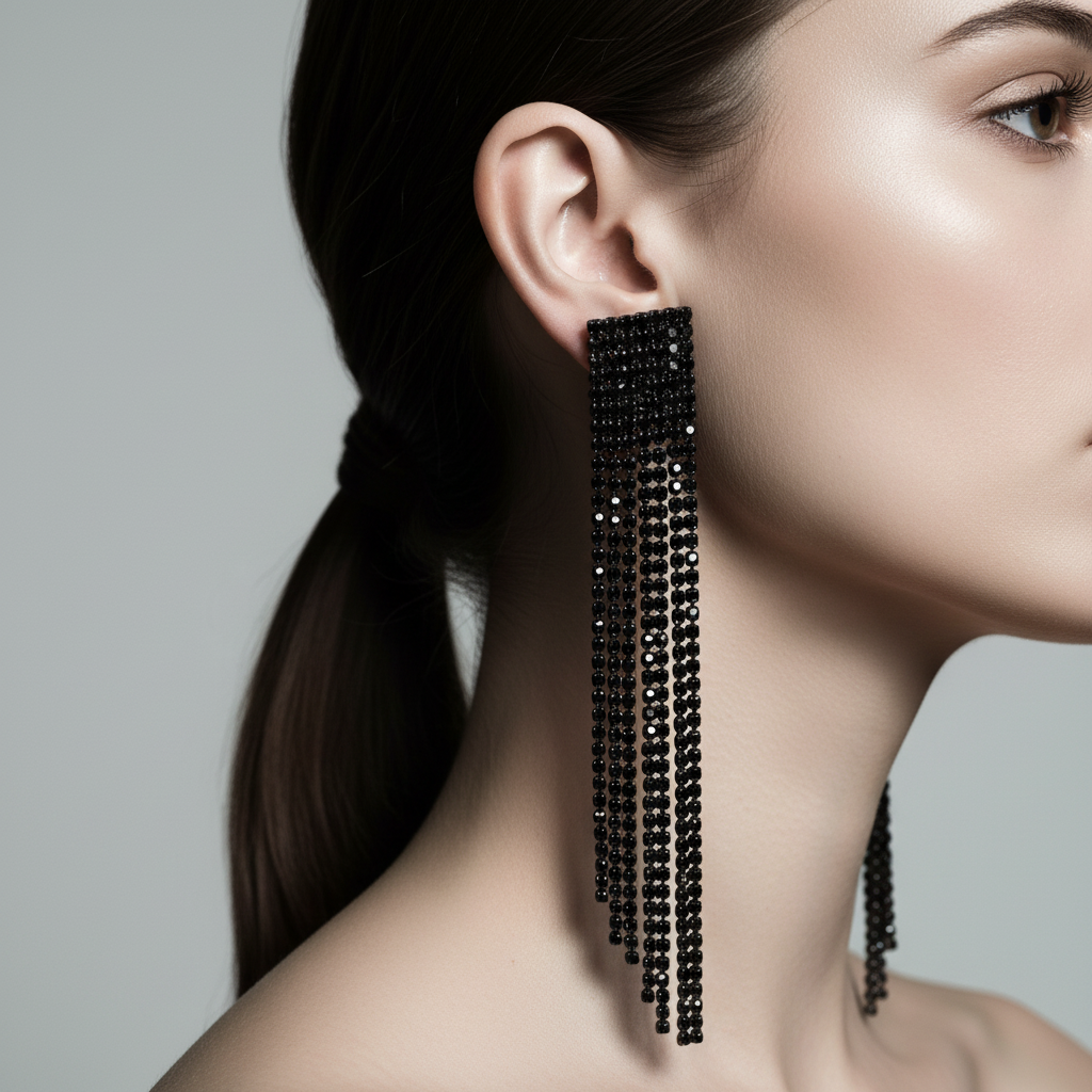 Jet Black Crystal Fringe Drop Earrings