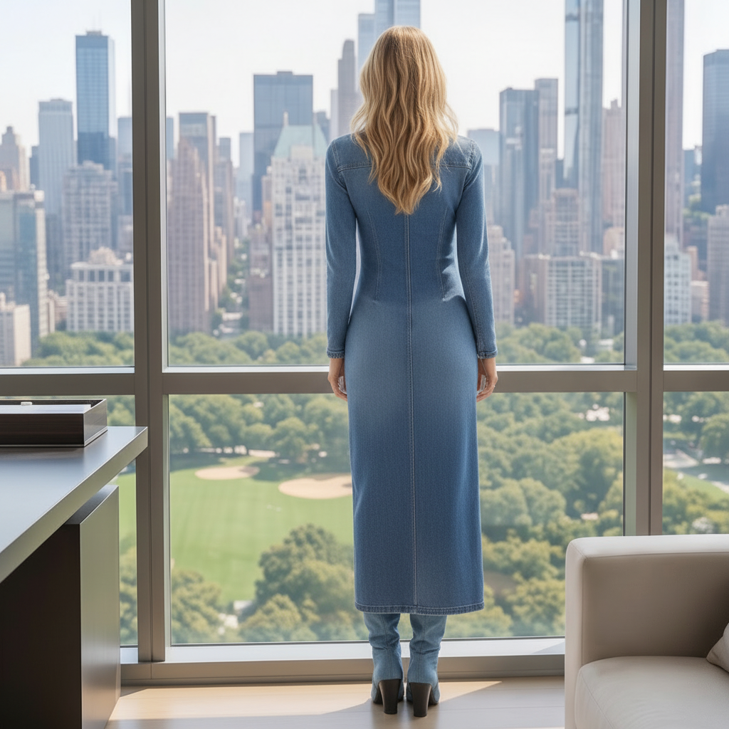 Blue Denim Maxi Dress NYC Skyline Back View