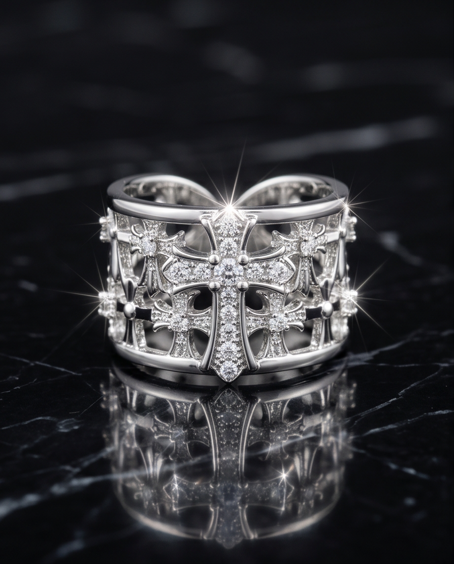 Silver Crystal Cross Wide Band Ring on black marble surface with sparkling light reflections