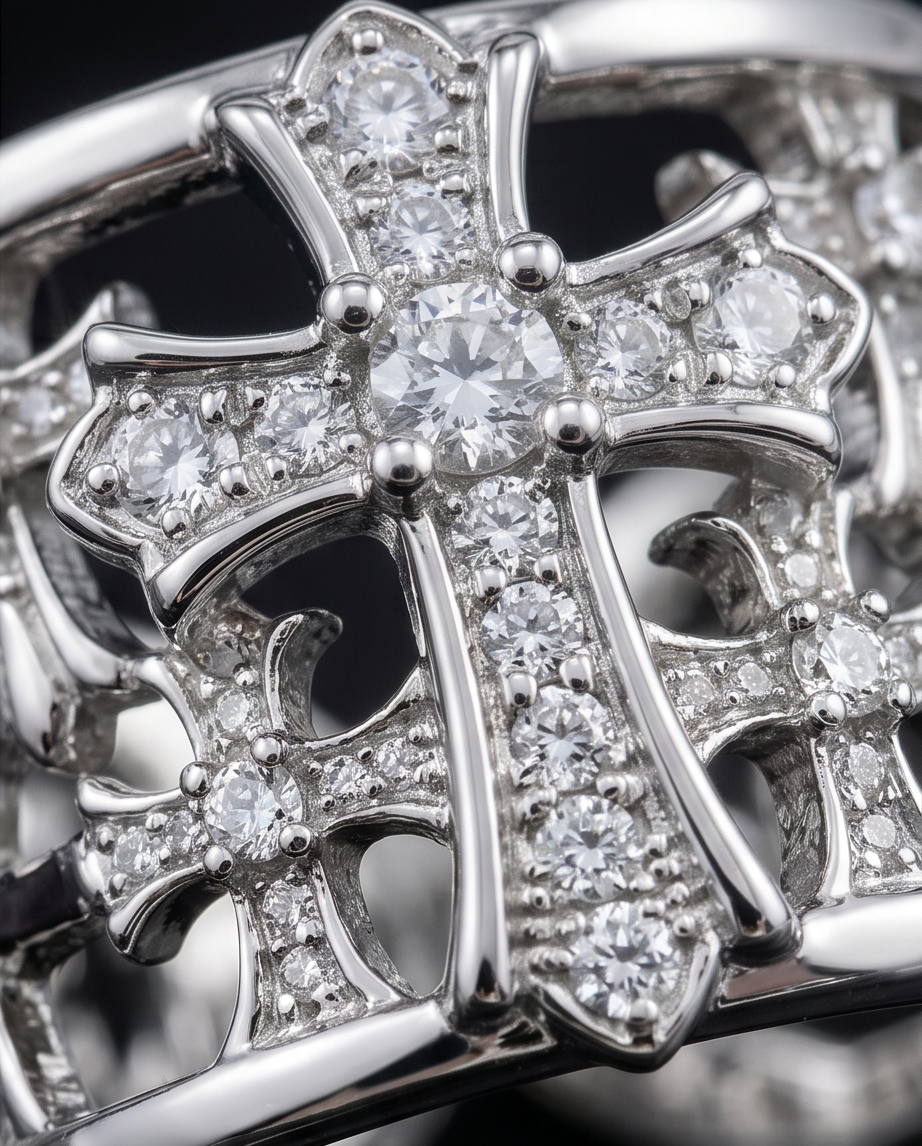 Silver Crystal Cross Wide Band Ring macro close-up showing pavé crystal and cross detail