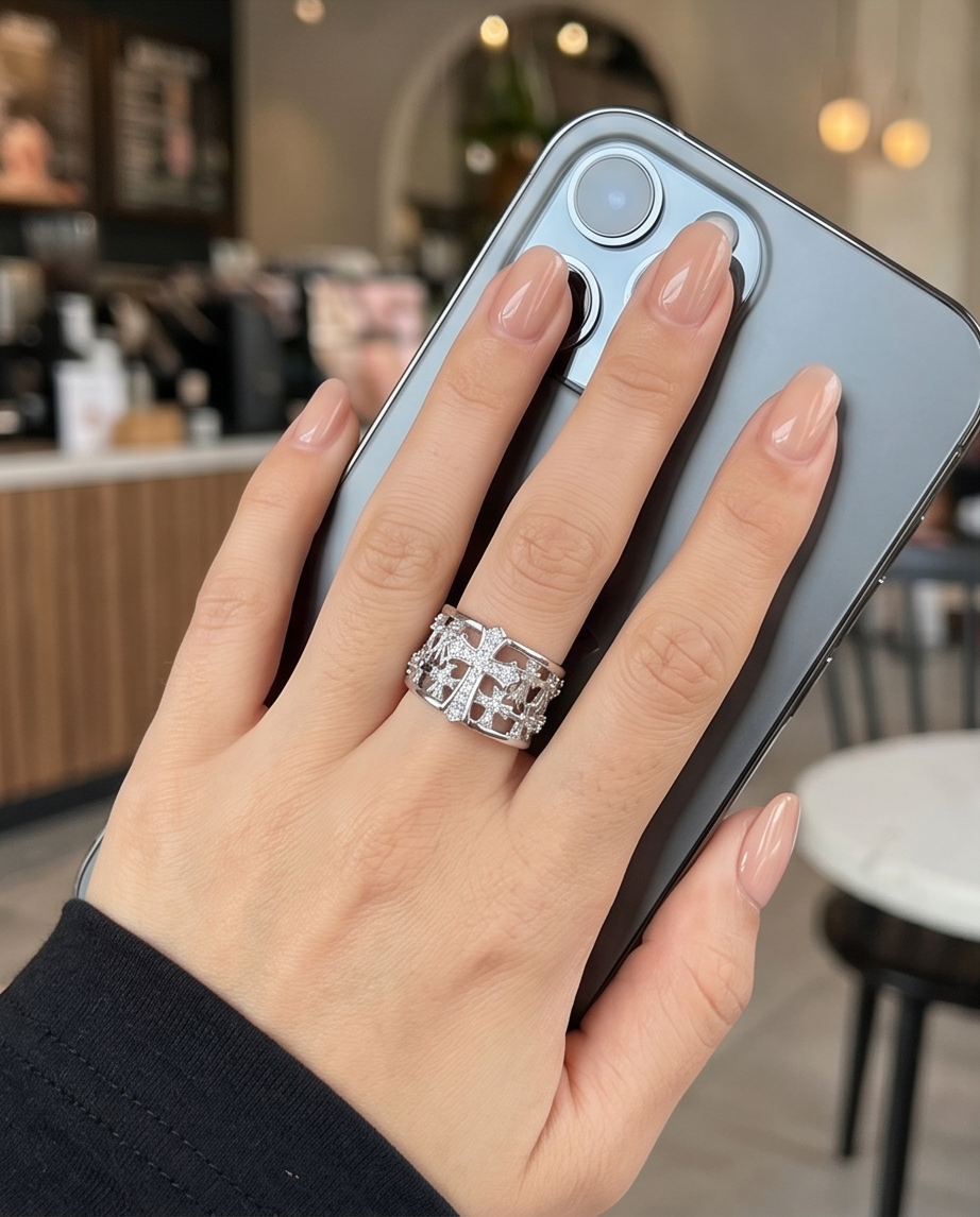 Silver Crystal Cross Wide Band Ring worn on model's hand holding a phone in a cafe