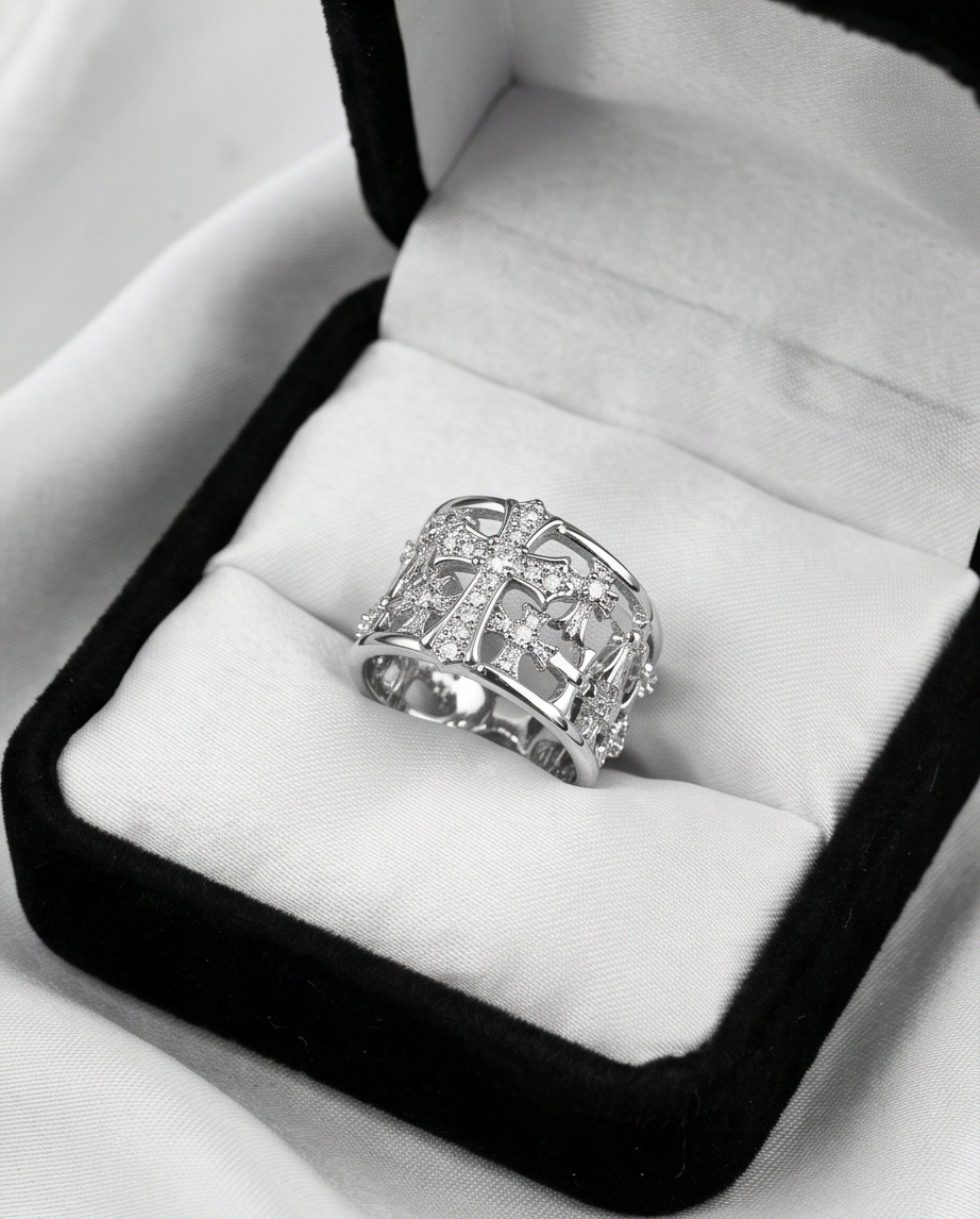 Silver Crystal Cross Wide Band Ring presented in black velvet gift box