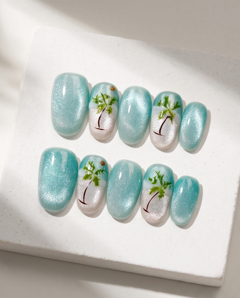 Tropical palm tree shimmer press-on nails flatlay with seashells, tan leather wallet and gold mirror by pool