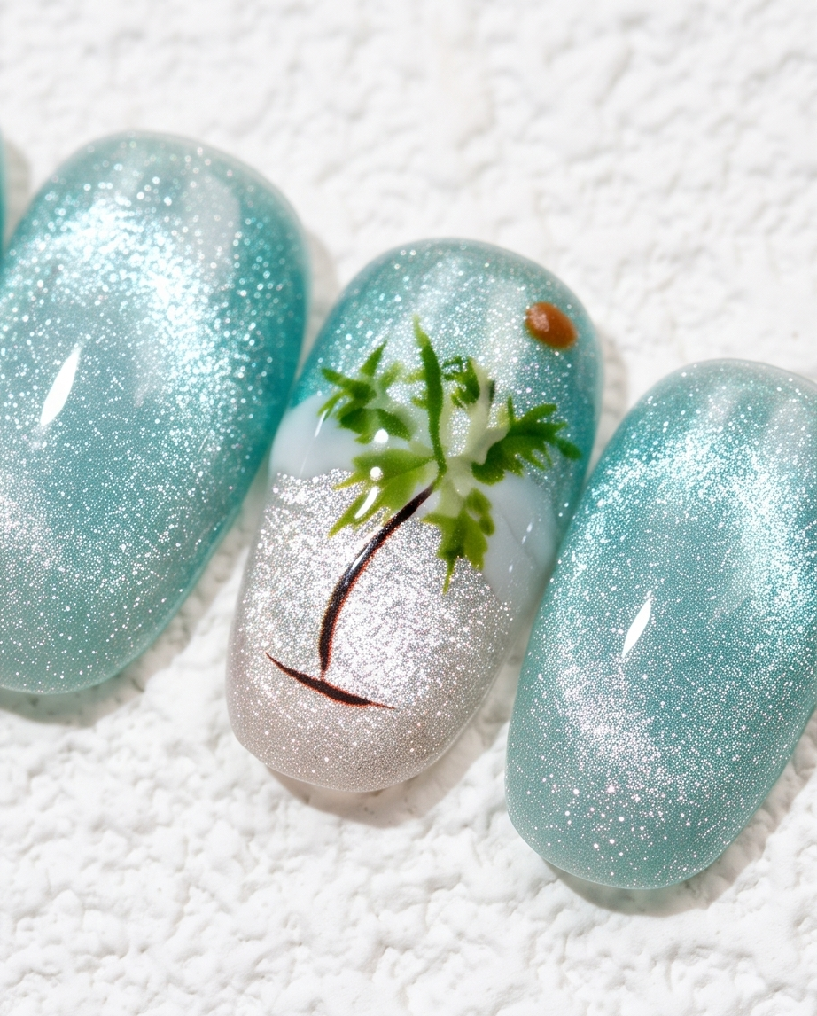 Tropical palm tree press-on nails worn on model hand holding blue cocktail on tropical beach