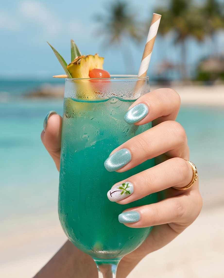 Full set of 10 tropical palm tree shimmer press-on nails displayed on white stone slab in sunlight