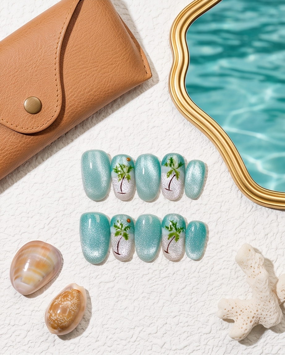 Close-up macro detail of palm tree nail art on teal pearl shimmer press-on nail