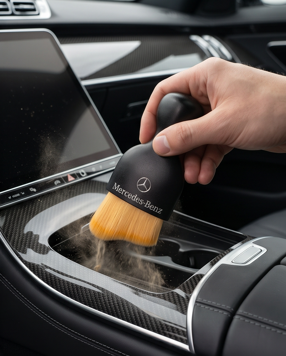 Mercedes-Benz cleaning brush sweeping dust from carbon fibre centre console
