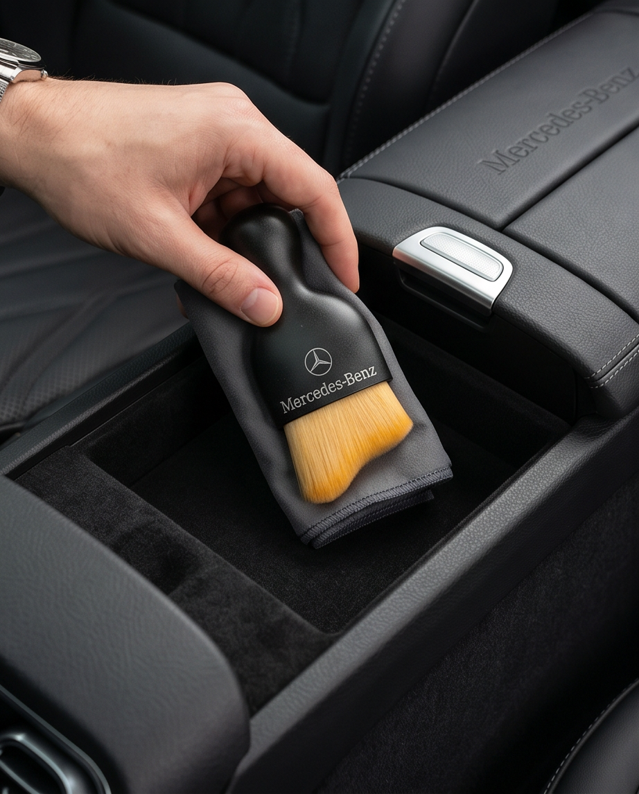 Mercedes-Benz detailing brush being held over centre console storage compartment