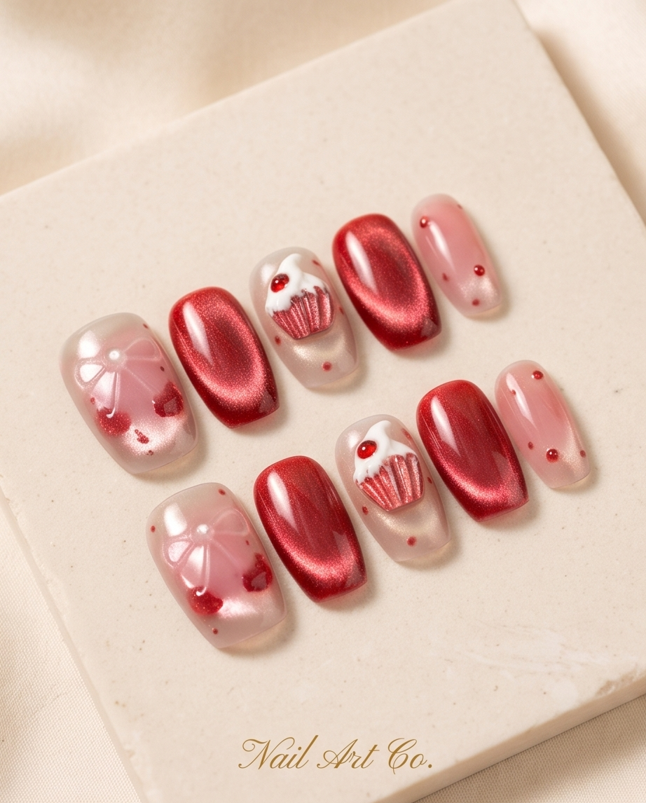 Red cupcake press-on nail art set on display card