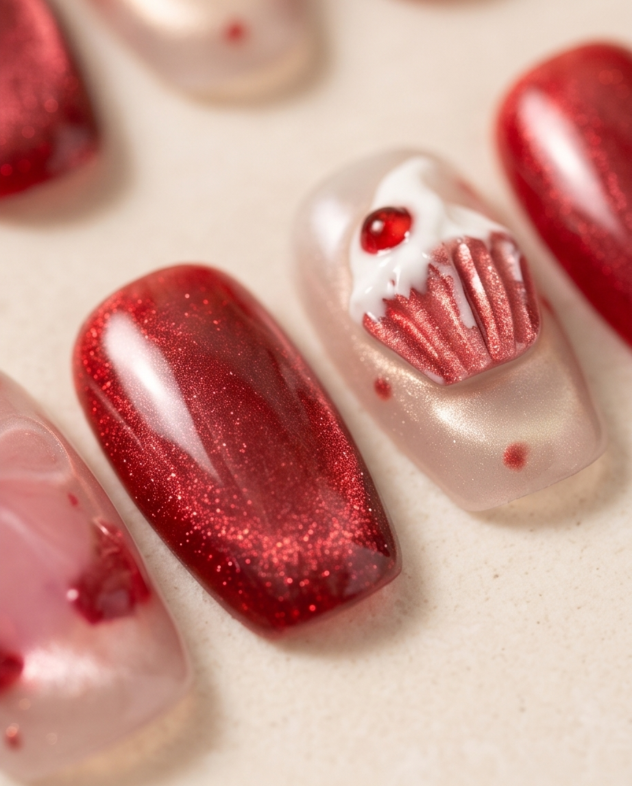 Red cupcake press-on nail art set flat lay on stone